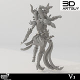 Seitenprofil des Schlangenkönigin-Modells mit Darstellung der dynamischen Pose und Waffendetails.