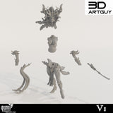Explosionsansicht der 3D-gedruckten Miniaturbauteile wie Torso, Gliedmaßen und Kopf.