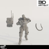 Bauteile der Soldaten-Miniatur bestehend aus der Hauptfigur, einem Funkrucksack und Munitionsgurt.