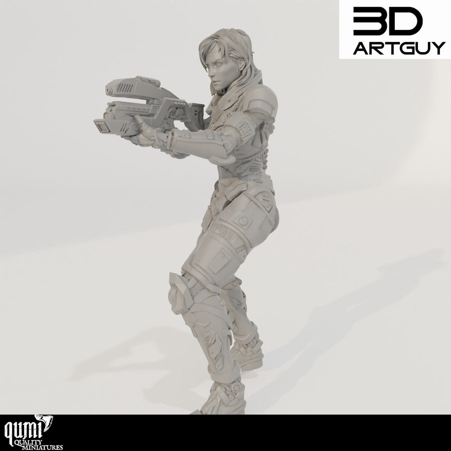 Seitenansicht einer futuristischen Schützen-Miniatur mit Plasmagewehr, graues Resin.