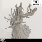 Gray resin render of an elven musician playing bagpipes with ornate wings and detailed flowing robes.