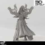 Back view of the space elf musician miniature highlighting the ornate back piece and flowing robes
