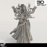 Front view of the detailed 3D-printed space elf musician miniature holding an instrument