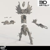 Einzelteile der unmontierten Resin-Miniatur inklusive Torso, Gliedmaßen und Kopf.