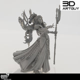 Side profile view of the elf wizard miniature showcasing intricate armor and robe details.