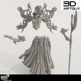 Exploded view of the elf wizard miniature showing separate body parts, torso, and staff components.