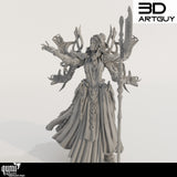Front view of a 3D-printed resin elf wizard miniature holding a spear and casting a spell.