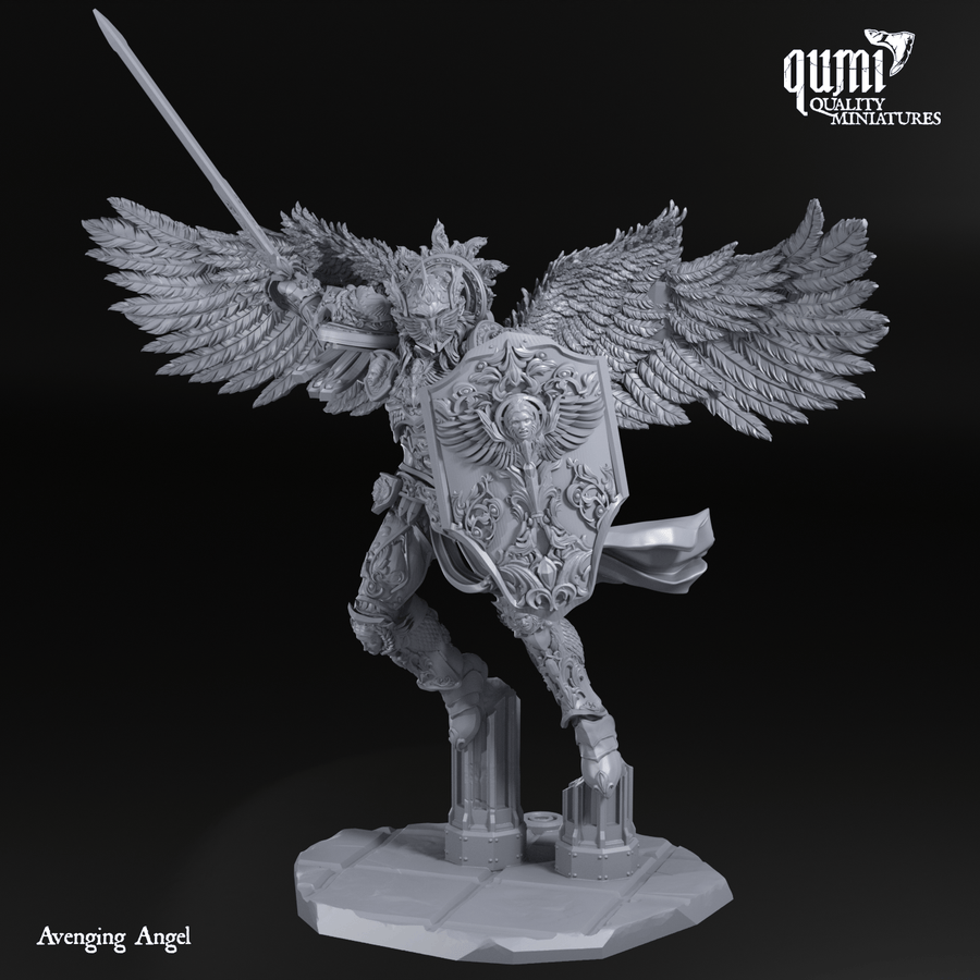 Vorderansicht der detaillierten 3D-gedruckten Resin Avenging Angel Miniatur mit Schwert und Schild