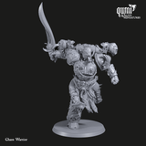 Vorderansicht der 3D-gedruckten Chaos Krieger Schwertkämpfer Miniatur auf Rundbase