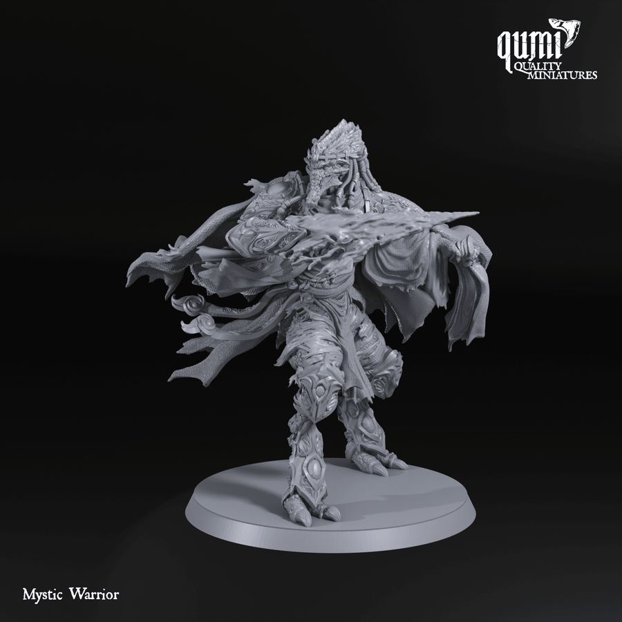 Side profile of a 3D-printed sci-fi mystic warrior miniature in gray resin