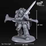 Space Roman Agent Miniatur mit eingezeichneten Bemaßungslinien von 56mm Höhe und 60mm Basisdurchmesser.