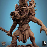 Close-up of the troll axe fighter torso, horns, and facial details for hobby painting.