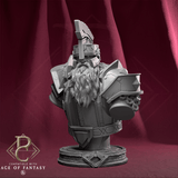 Stormkeeper Torbjorn Fantasy-Zwergenkrieger Miniatur-Büste aus grauem Resin vor rotem Hintergrund
