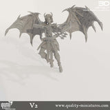 Digital render of a winged succubus archer, front three-quarter view, aiming a bow with multiple arrows.