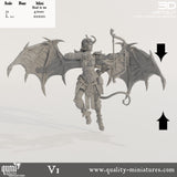 Digital render of a winged succubus archer in flight, side profile, aiming a bow with scale reference text.