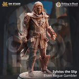 3D-printed resin model of a masked elven rogue wearing ornate armor and a cloak on a textured cobblestone base.