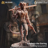 Syntheia the Daring Tiefling Rogue miniature with sword and pistol, standing on a skull chest base