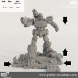 3D-gedrucktes Robotermodell mit Grafik zur Kennzeichnung von Basisgröße und Gesamthöhe