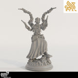 Profile view of the female druid gunslinger character model standing on a rocky terrain base