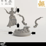 Exploded view of the 3D-printed miniature components including body, base, and vine-wrapped pistols