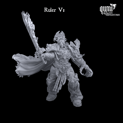 3D-printed resin space warrior commander miniature holding a flaming sword, front view.