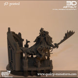 Side view of the 3D printed space warrior showing the textured cape and terrain base.