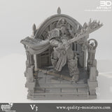 Isometric view of the space warrior on a gothic archway platform with a flaming sword.
