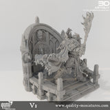 Side view of a 32mm scale space warrior lord holding a flaming sword on a gothic display base