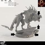Side view of the monster miniature with scale annotations and arrows indicating key dimensions and base size.