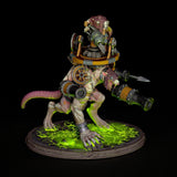 Bemalte Miniatur einer Rattenkreatur mit bewaffneter Plattform, Seitenansicht.