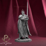A grey 3D-printed resin miniature of a Shadowed King fighter holding a long sword, standing on a round stone base.