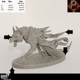 Geisterwolf-Miniatur mit Pfeilen zur Kennzeichnung der Montagestellen und Größentabelle.