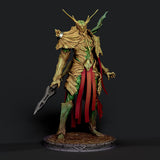 Front view of the fully painted Verdant Sentinel druid miniature featuring green and gold wood patterns