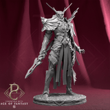 Front view of the 3D-printed grey resin Verdant Sentinel druid miniature with wooden texture armor and spear