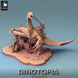 Detailed 3D-printed Therizinosaurus tabletop miniature including rider and merchant accessory