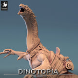 Close-up of the Therizinosaurus head and neck, showing open mouth and bridle details.