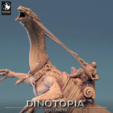 Detailed portrait view focusing on the Therizinosaurus head and the mounted rider character
