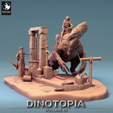 Close-up perspective of the Therizinosaurus drinking at a well with its rider