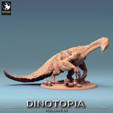 Full body side view of Therizinosaurus figure with open mouth, saddle, and base accessories.