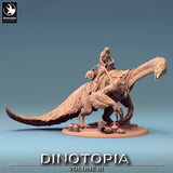 Profile view of a Therizinosaurus mount with rider and supplies on a circular base