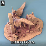 High-angle view of the Therizinosaurus tower diorama featuring multiple figures
