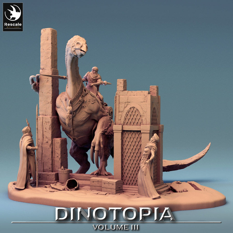 Front-side view of 3D-printed Therizinosaurus and riders near a stone tower base