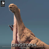 Detailed close up of the therizinosaurus torso, harness, and head looking upwards.