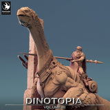 Close-up portrait of the armored rider sitting on the Therizinosaurus saddle.