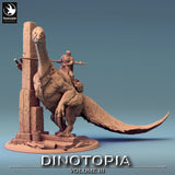 Side profile of the Therizinosaurus tower miniature with a mounted rider and ruins base.