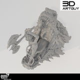 Draufsicht auf das 3D-gedruckte Resin Diorama mit der Tiefling Barbaren Figur im Maul des Drachen