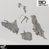 Einzelteile eines 3D-gedruckten Resin Diorama-Bausatzes inklusive Barbar, Schweif und zwei Drachenkopf-Segmenten