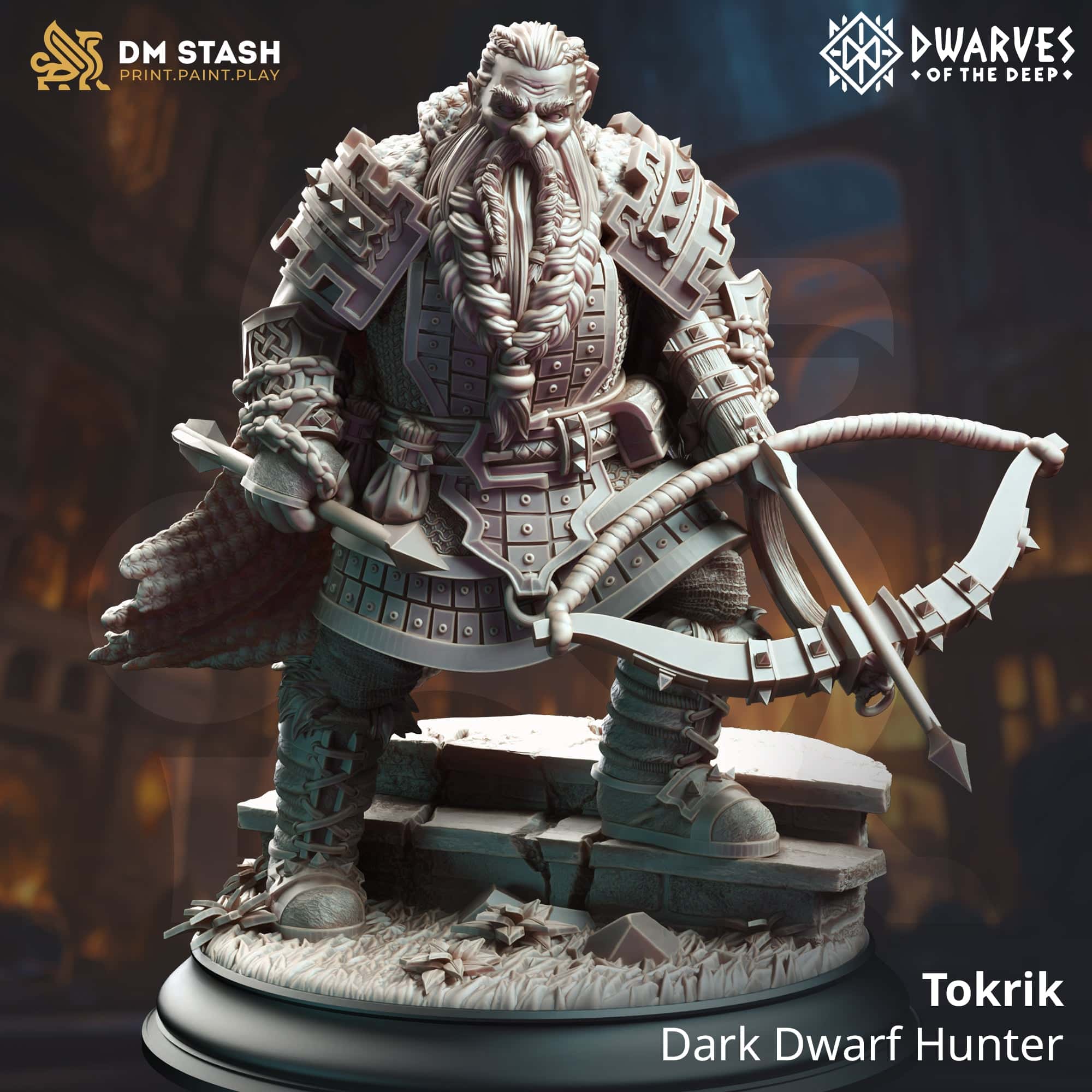 Tabletop RPG Miniature Tokrik - Dark Dwarf Hunter - 32mm 75mm Qumi - DM Stash Quality Miniatures - Qumi Wargaming Mini Model Figure