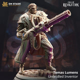 Resin 3D-printed miniature of Tomas Lumens wielding a large mechanical gatling gun on a gear-themed base.