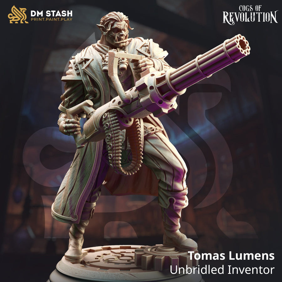 3D-gedruckte Resin Miniatur von Tomas Lumens mit einer mechanischen Gatling-Waffe auf einem zahnradförmigen Base.